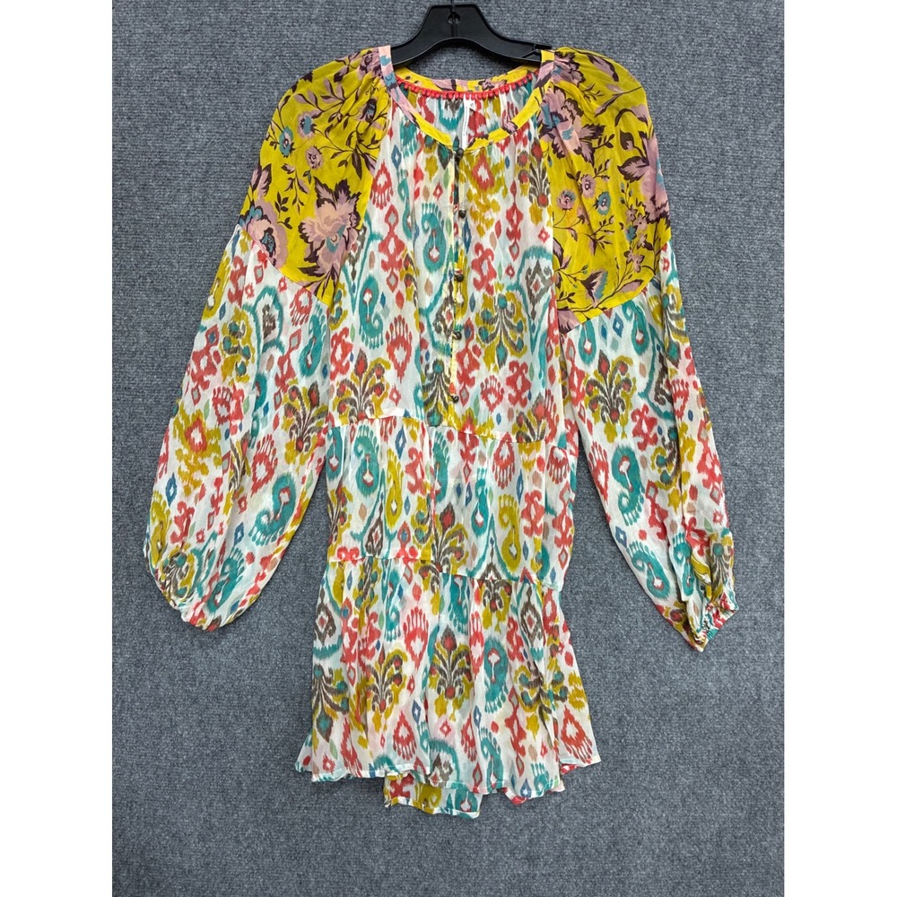 Anthropologie Mixed Print Ikat Floral Tunic Top Pom Pom Trim Boho Multicolor‎ S